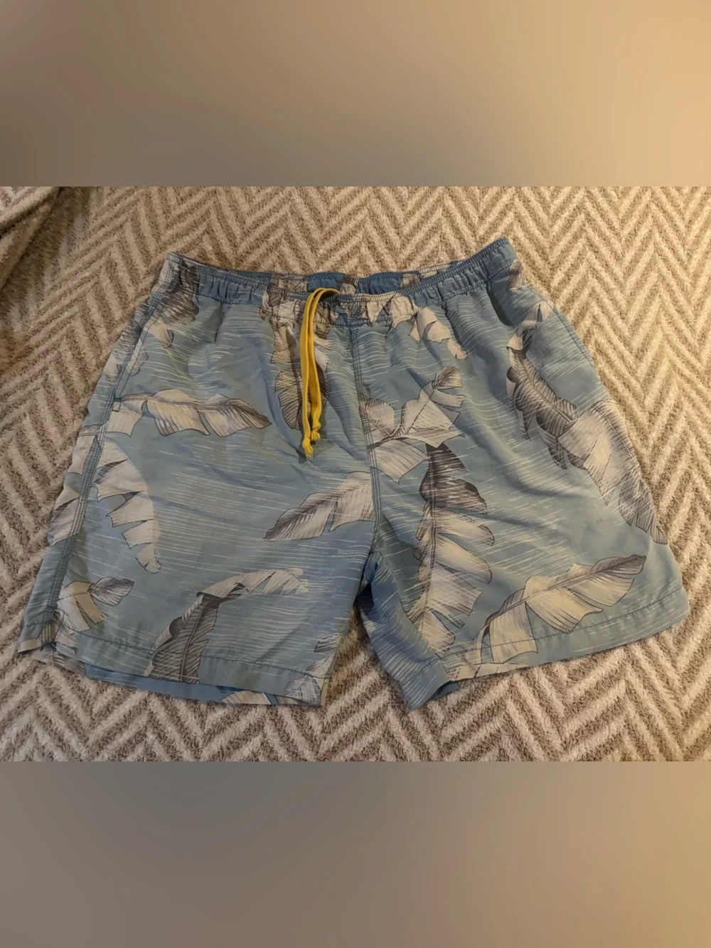 Tommy Bahama Light Blue Tropical Leaf Swim Trunks with Yellow Drawstring